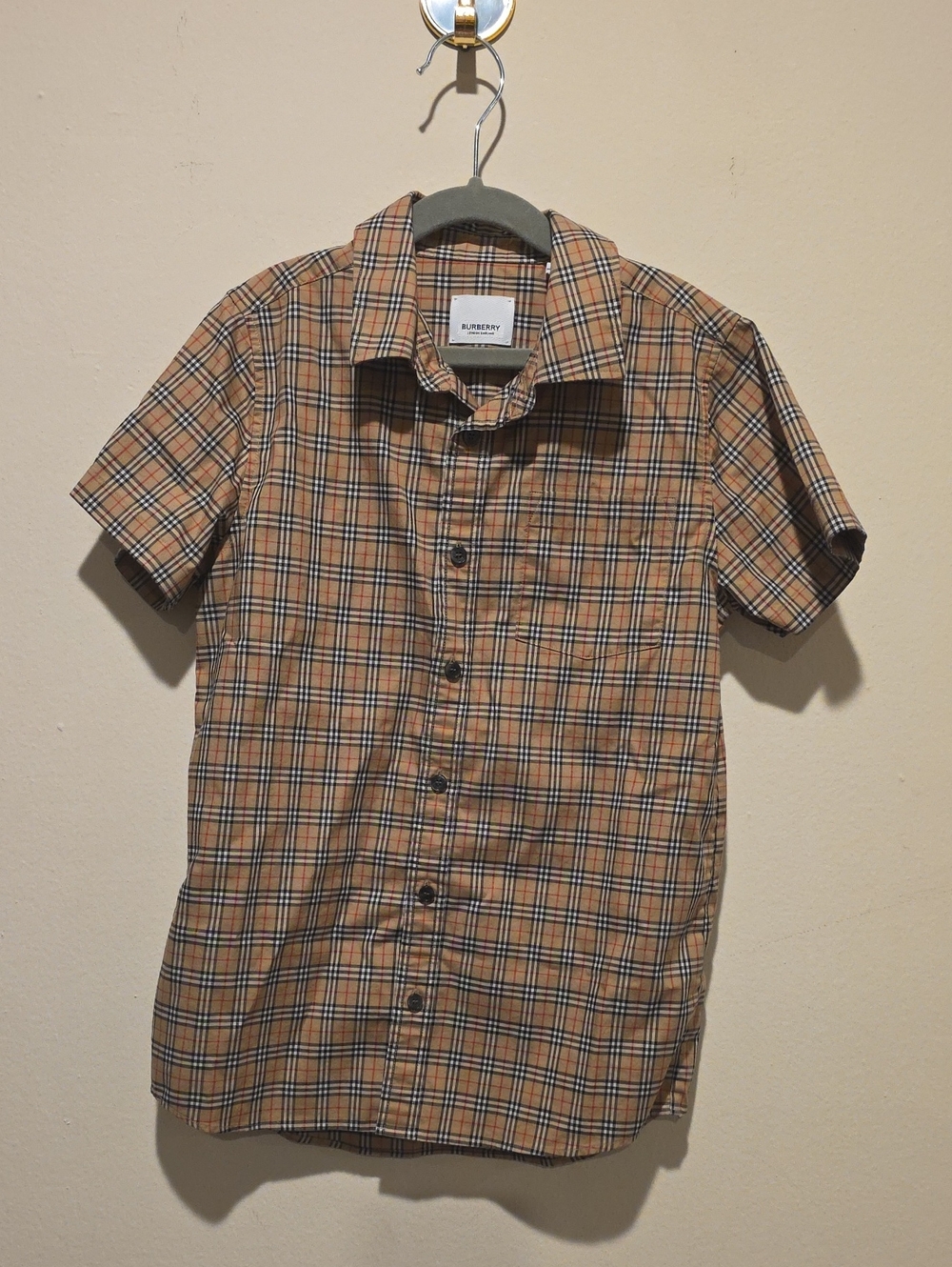 Boys Authentic Burberry Tan Plaid Short-Sleeve Button-Down Shirt Size 10 Years